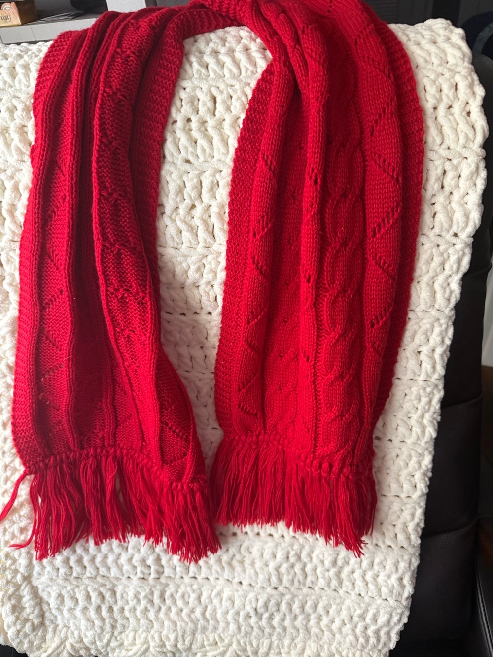 Red Cable-Knit Fringe Scarf